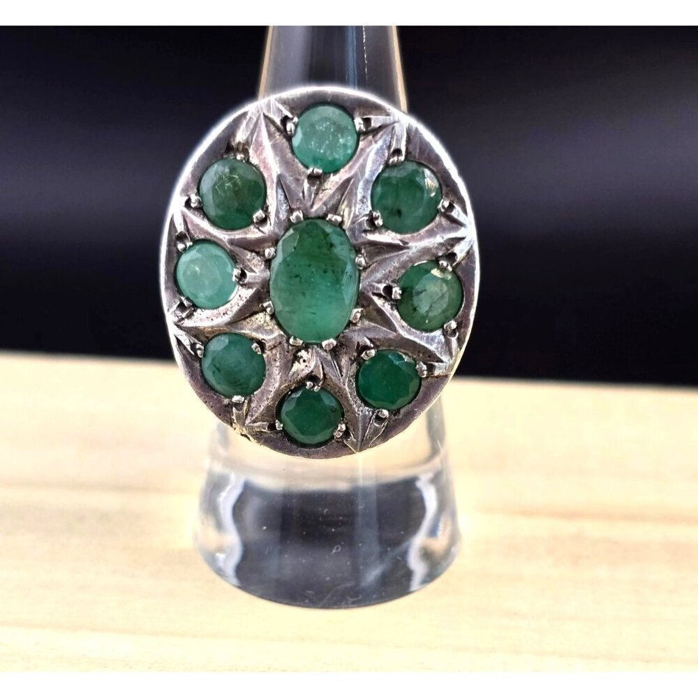Vintage Estate 925 Sterling Silver & Emerald Ring Large Size 7-1/2 15.2 grams